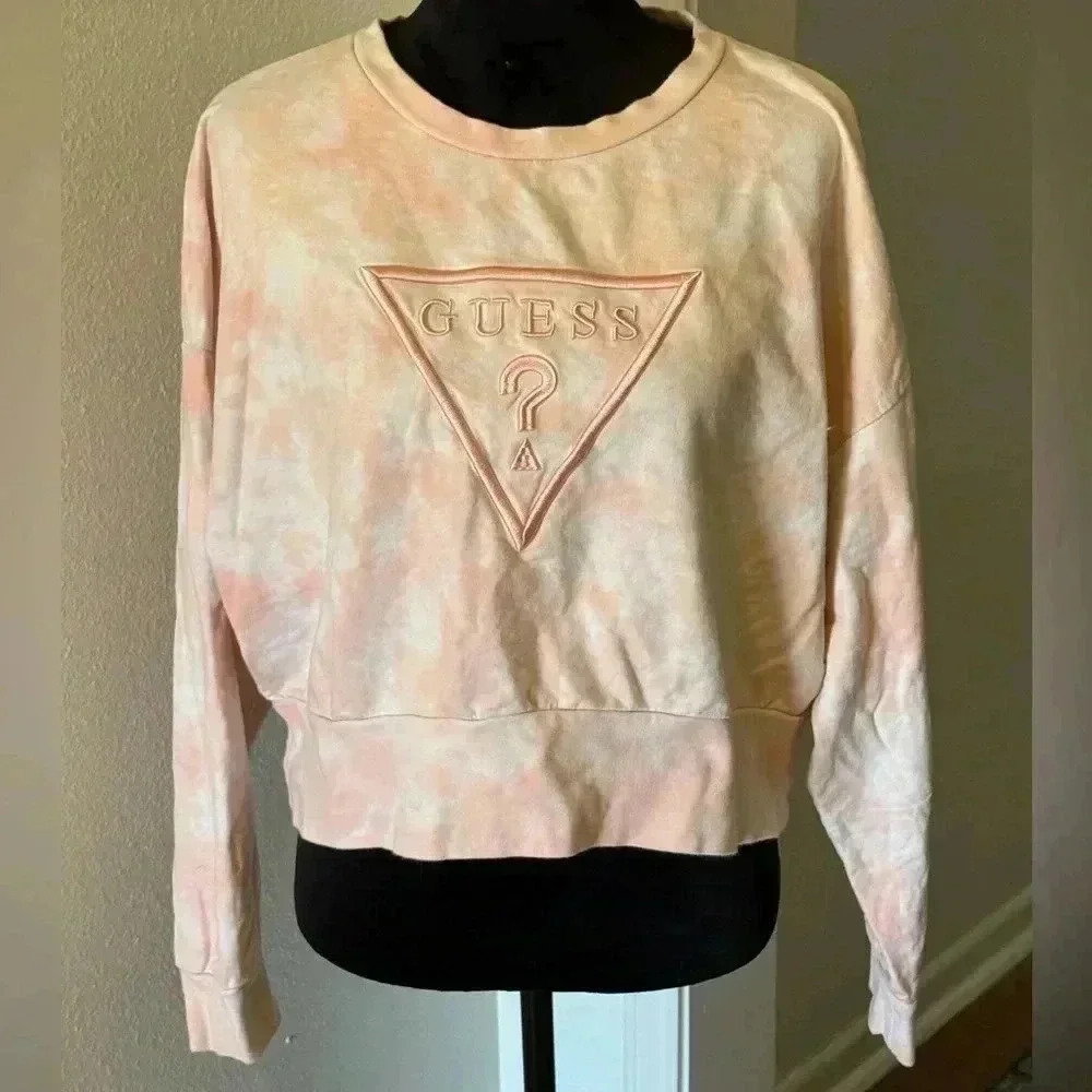 Guess Pink Acid Wash Cropped Sweatshirt